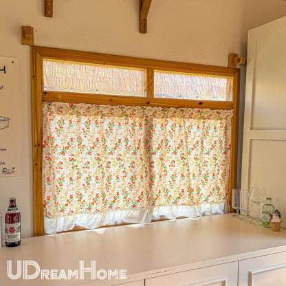 Orange Wild Flowers Green Leaves Short Curtain with Ruffle Edges - UDreamHome