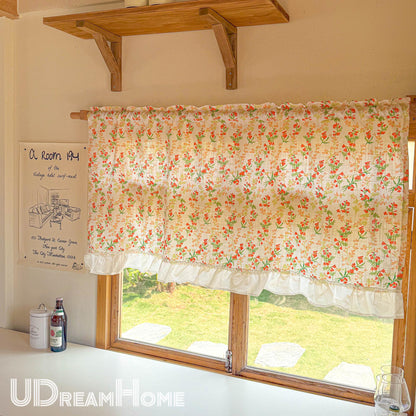 Orange Wild Flowers Green Leaves Short Curtain with Ruffle Edges - UDreamHome