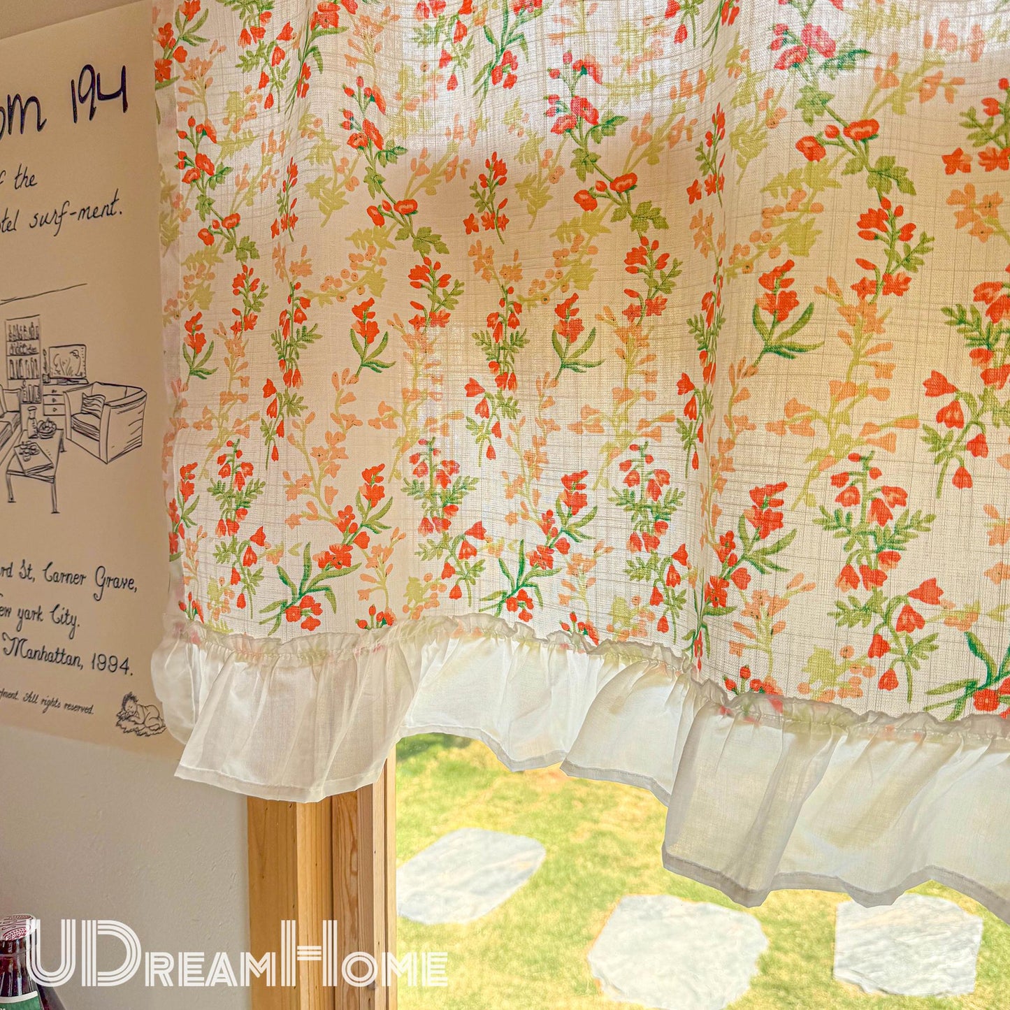 Orange Wild Flowers Green Leaves Short Curtain with Ruffle Edges - UDreamHome