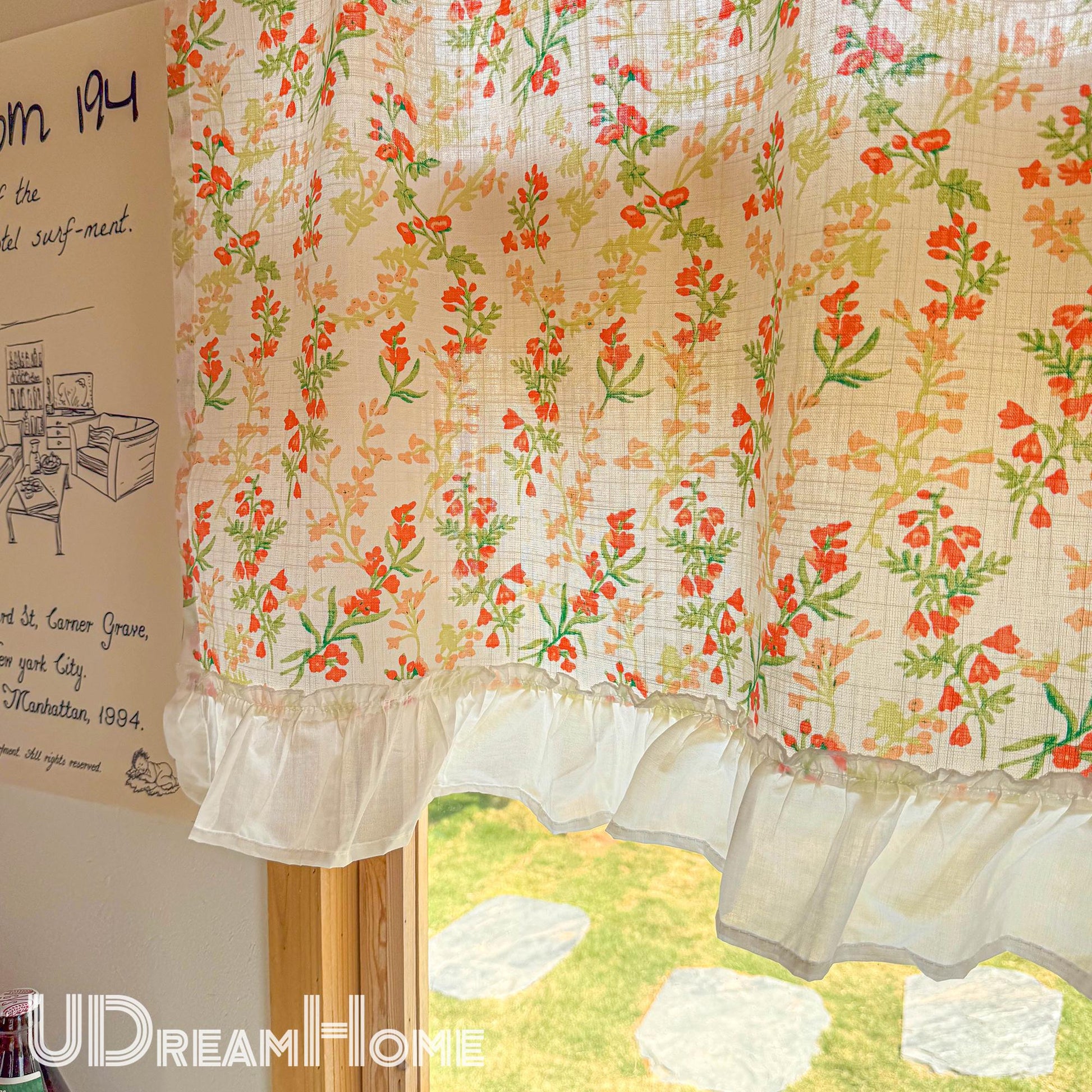 Orange Wild Flowers Green Leaves Short Curtain with Ruffle Edges - UDreamHome