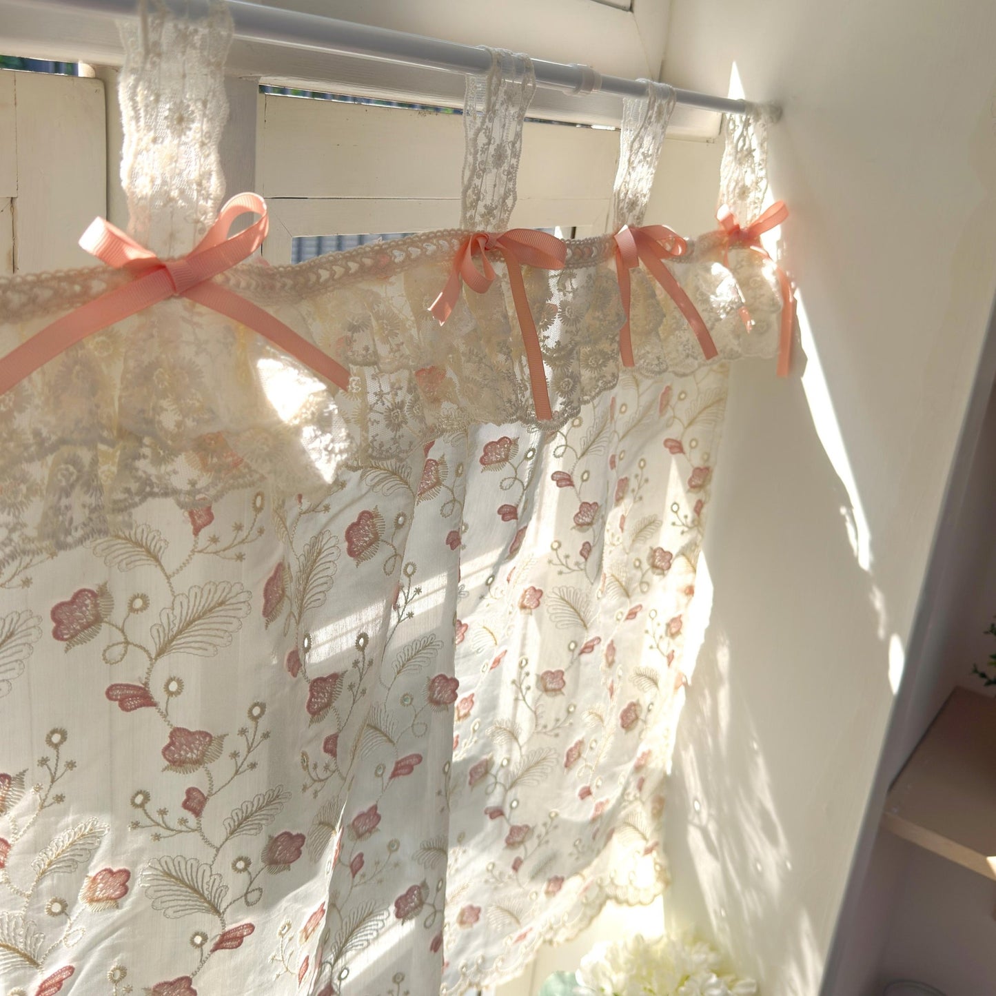 Pink Beige Embroidered Feather Cafe Curtains - UDreamHome