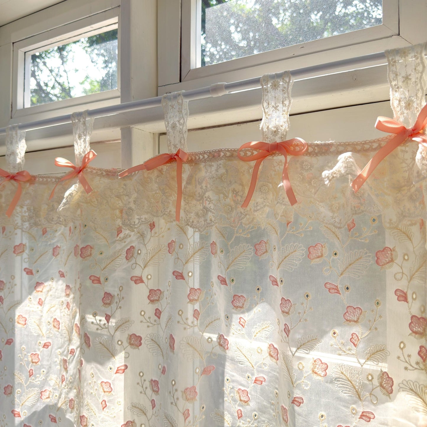 Pink Beige Embroidered Feather Cafe Curtains - UDreamHome