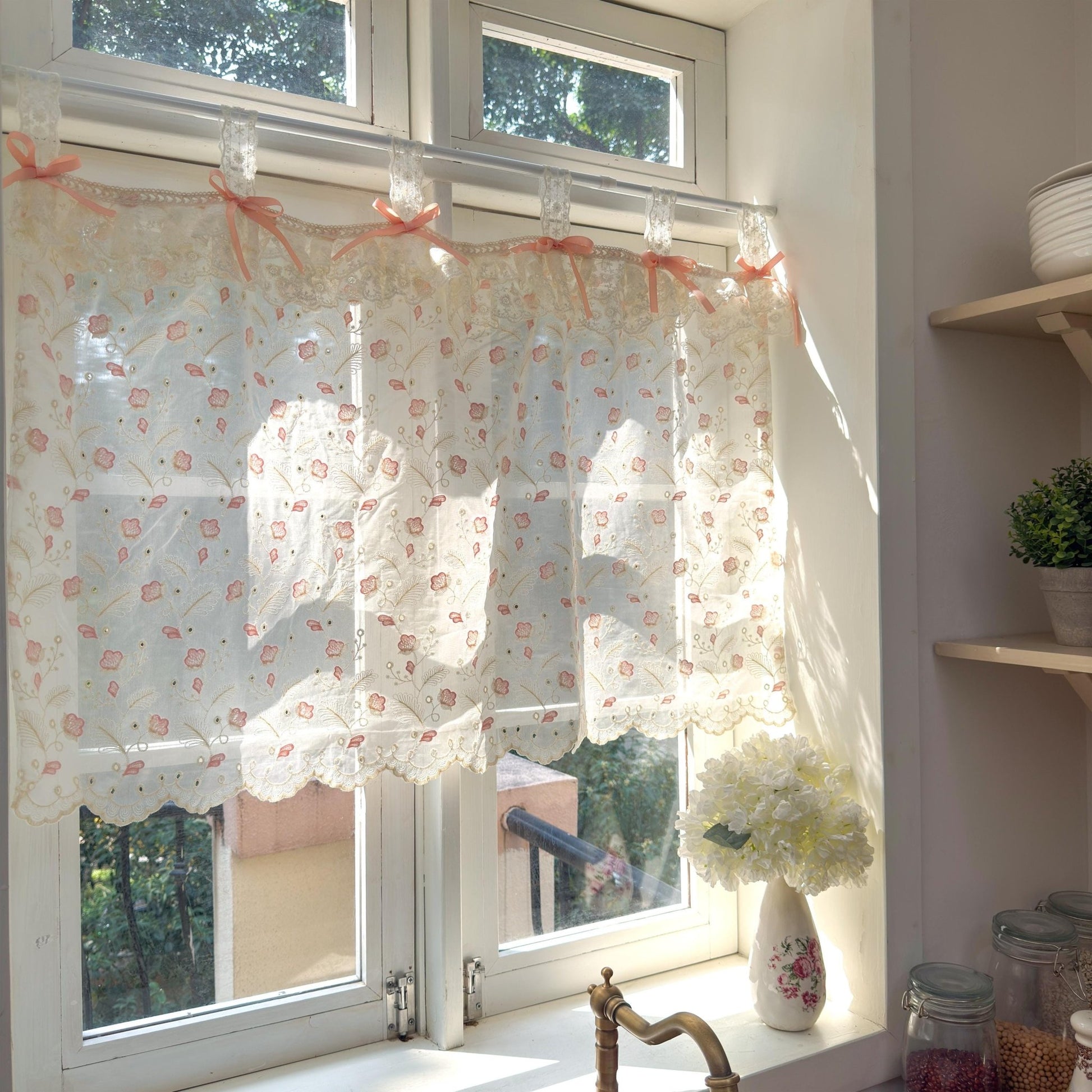 Pink Beige Embroidered Feather Cafe Curtains - UDreamHome
