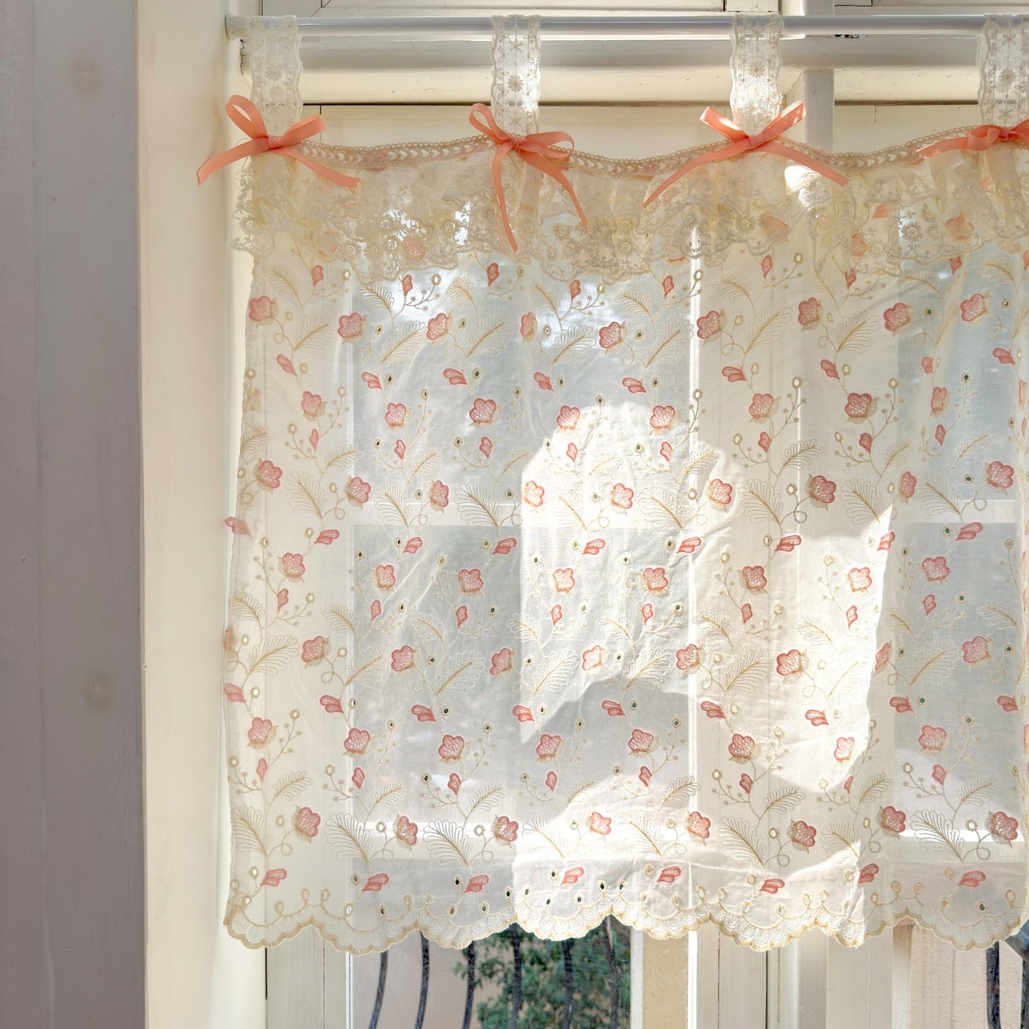 Pink Beige Embroidered Feather Cafe Curtains - UDreamHome