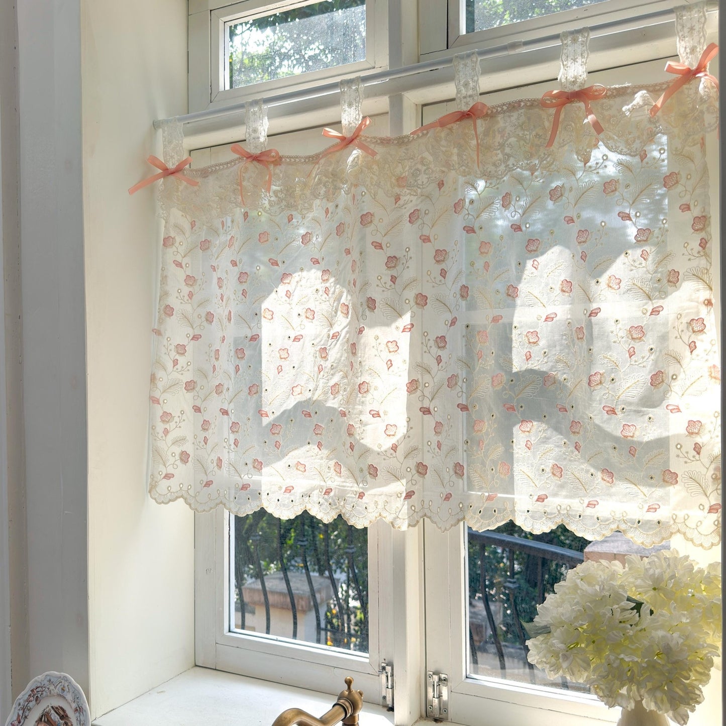 Pink Beige Embroidered Feather Cafe Curtains - UDreamHome