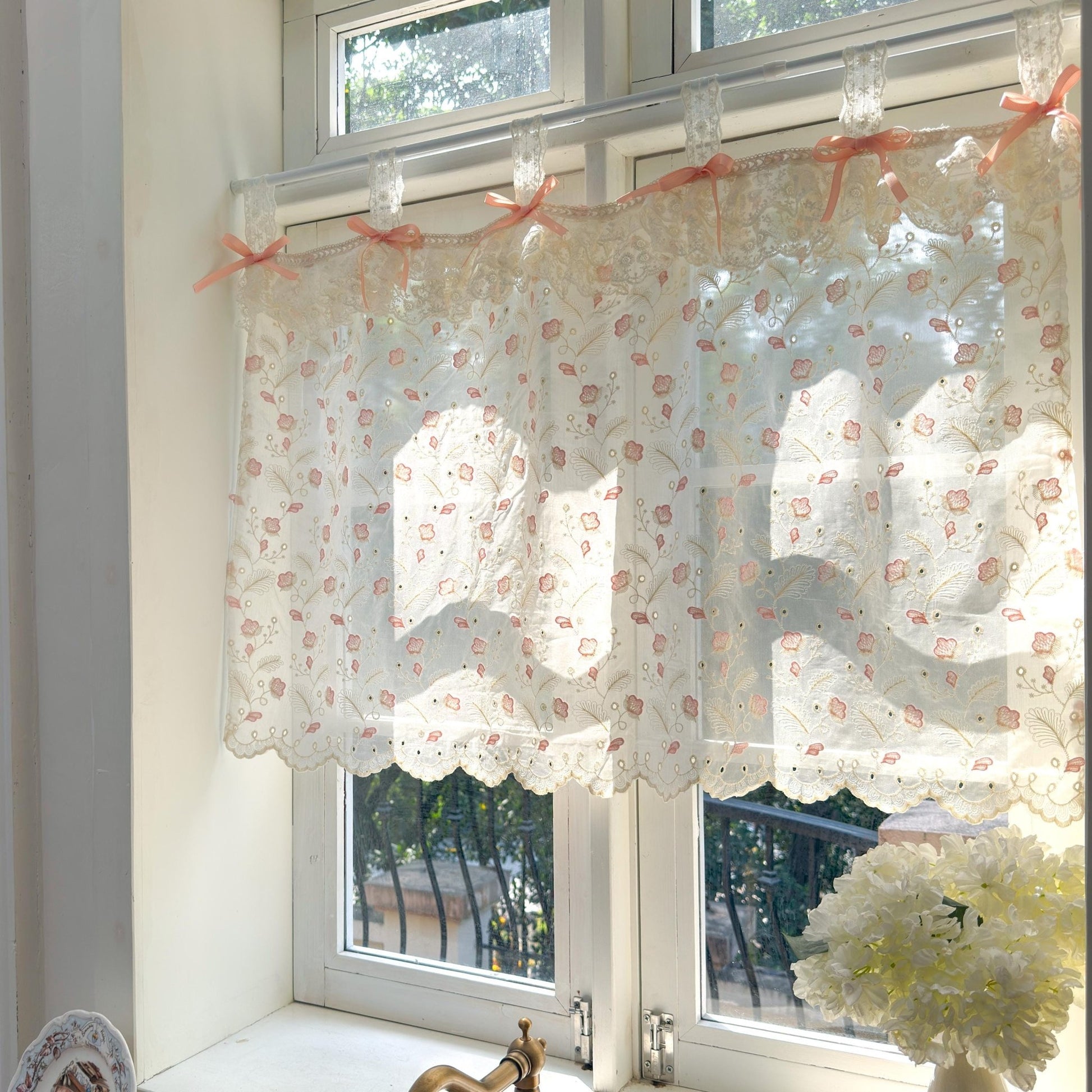 Pink Beige Embroidered Feather Cafe Curtains - UDreamHome