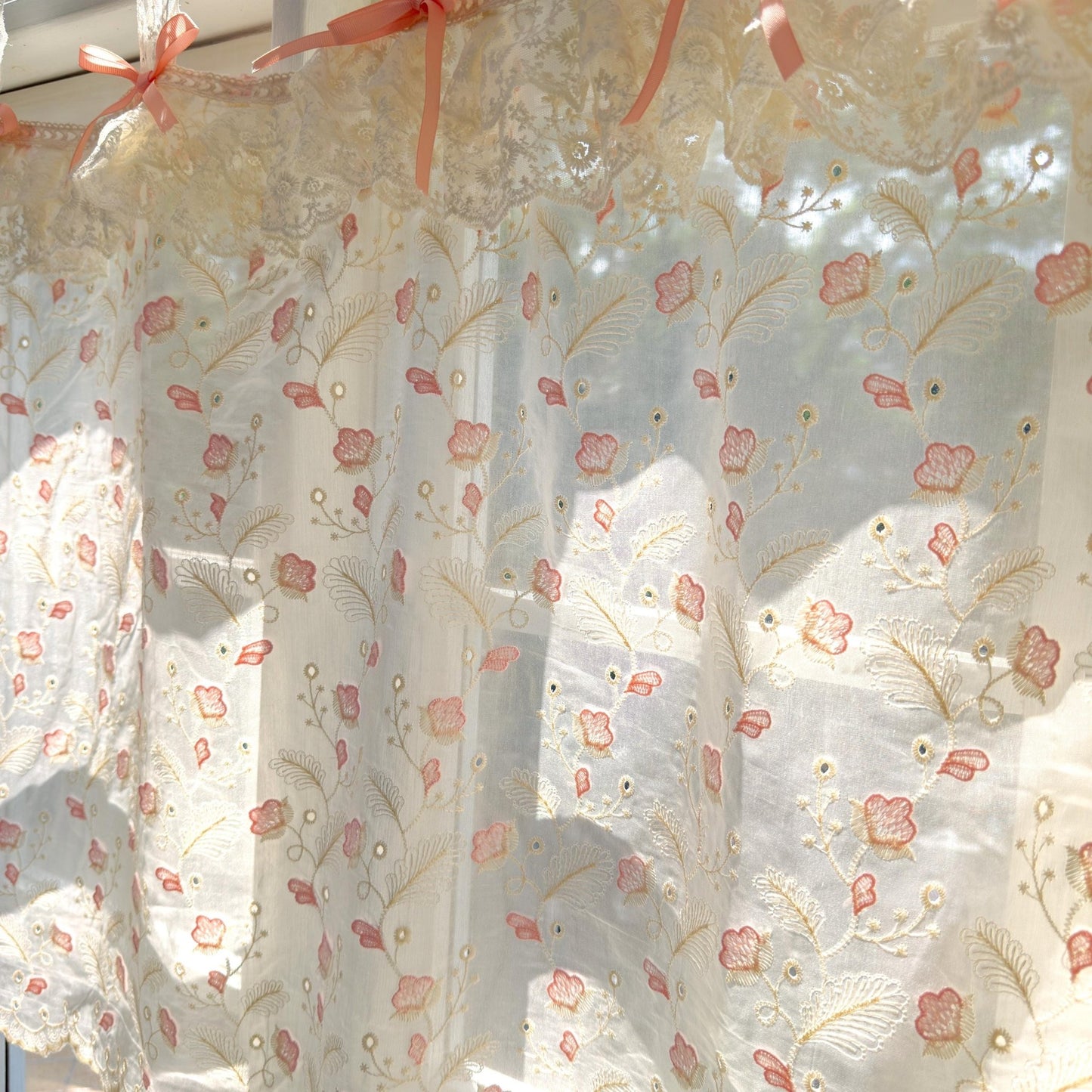 Pink Beige Embroidered Feather Cafe Curtains - UDreamHome