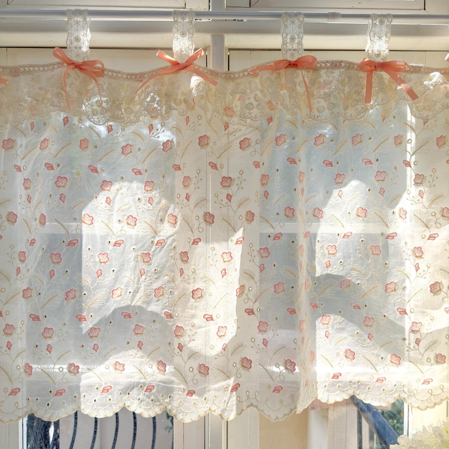 Pink Beige Embroidered Feather Cafe Curtains - UDreamHome