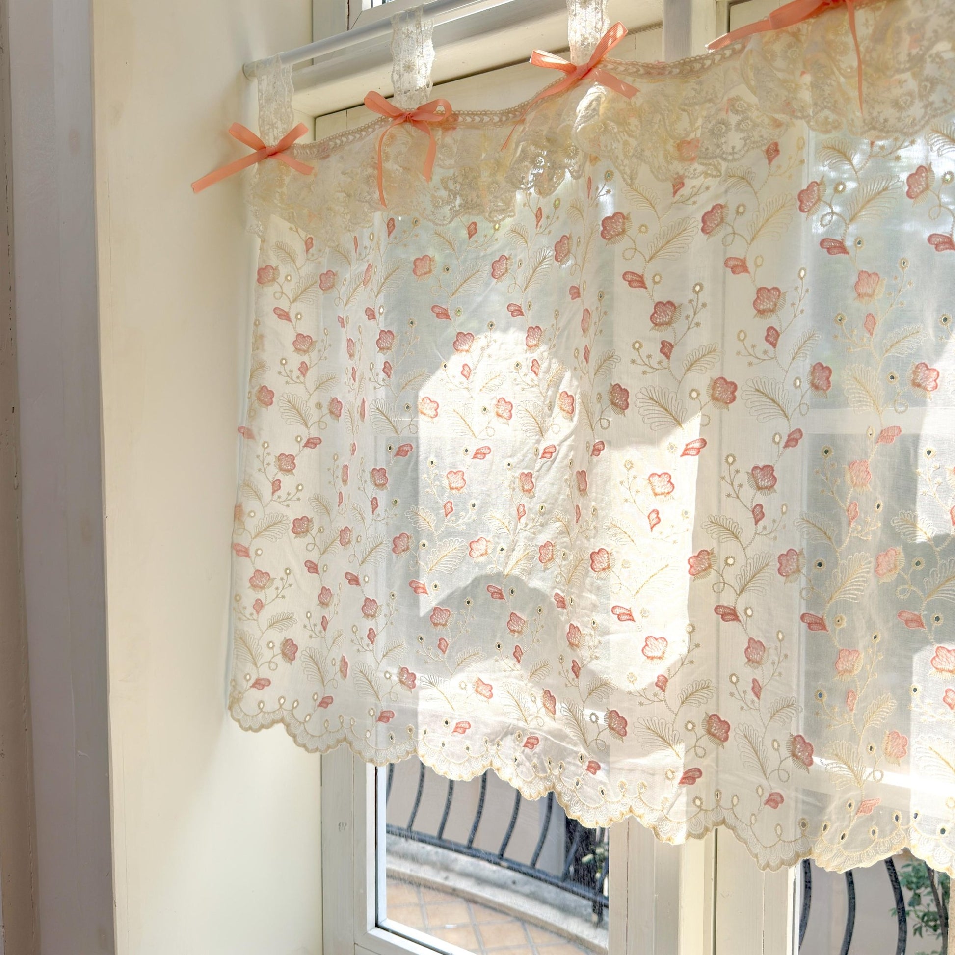 Pink Beige Embroidered Feather Cafe Curtains - UDreamHome