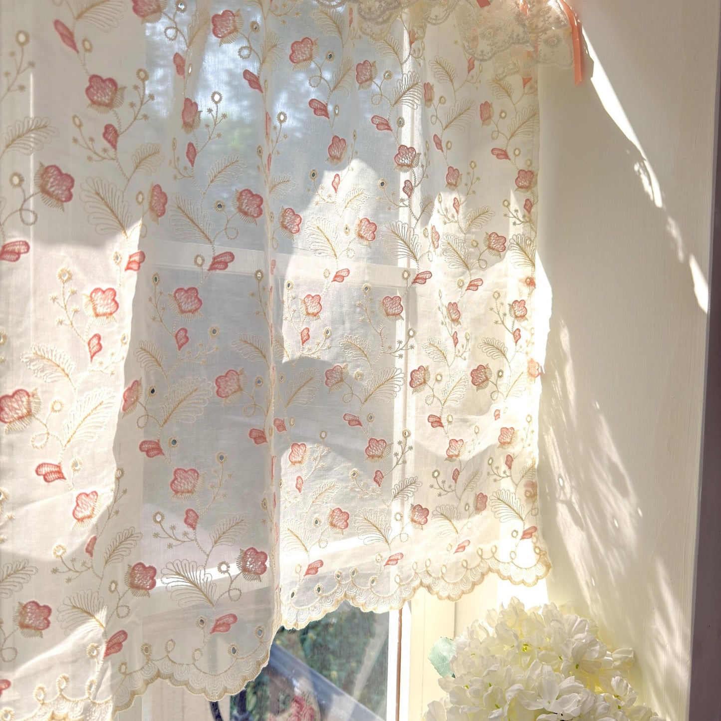 Pink Beige Embroidered Feather Cafe Curtains - UDreamHome