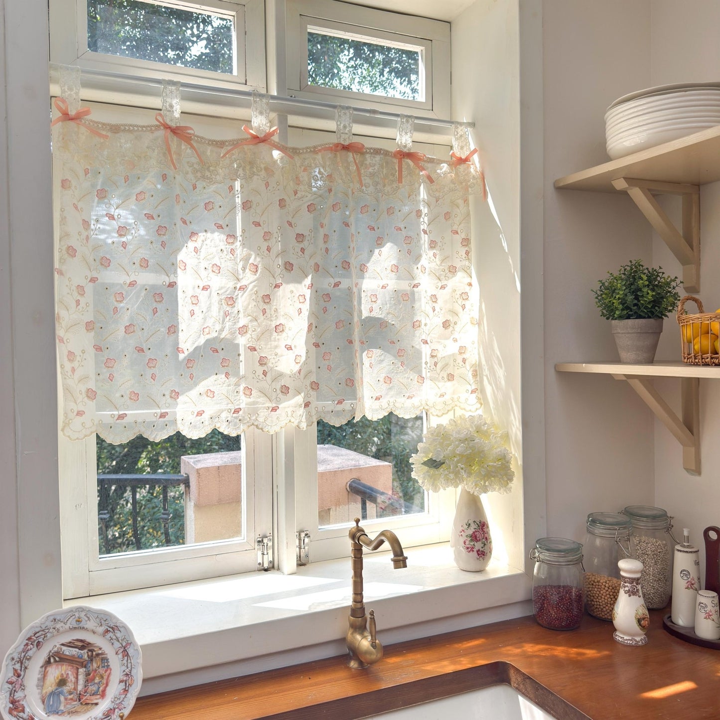 Pink Beige Embroidered Feather Cafe Curtains - UDreamHome