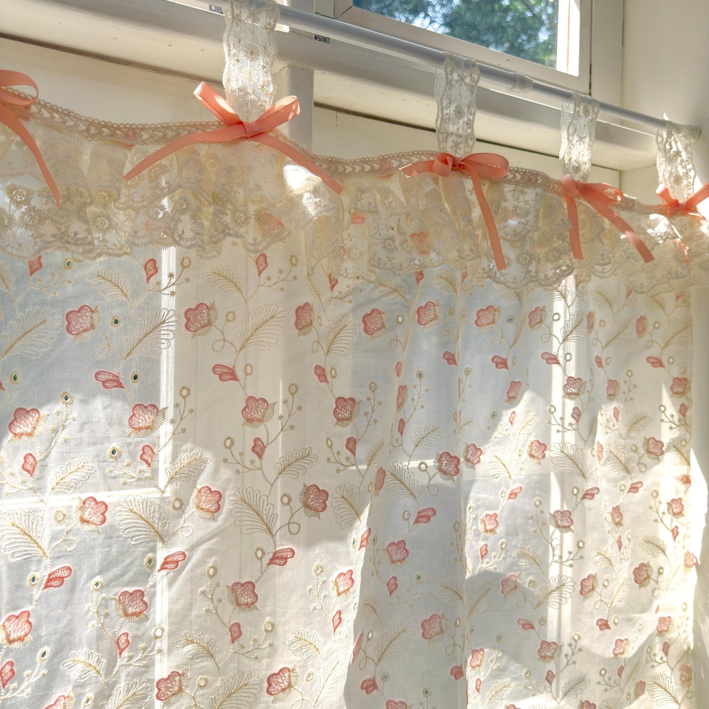 Pink Beige Embroidered Feather Cafe Curtains - UDreamHome