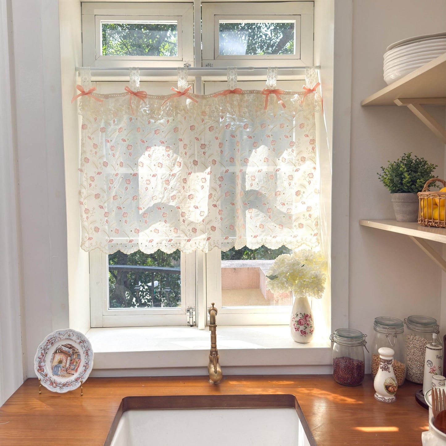 Pink Beige Embroidered Feather Cafe Curtains - UDreamHome