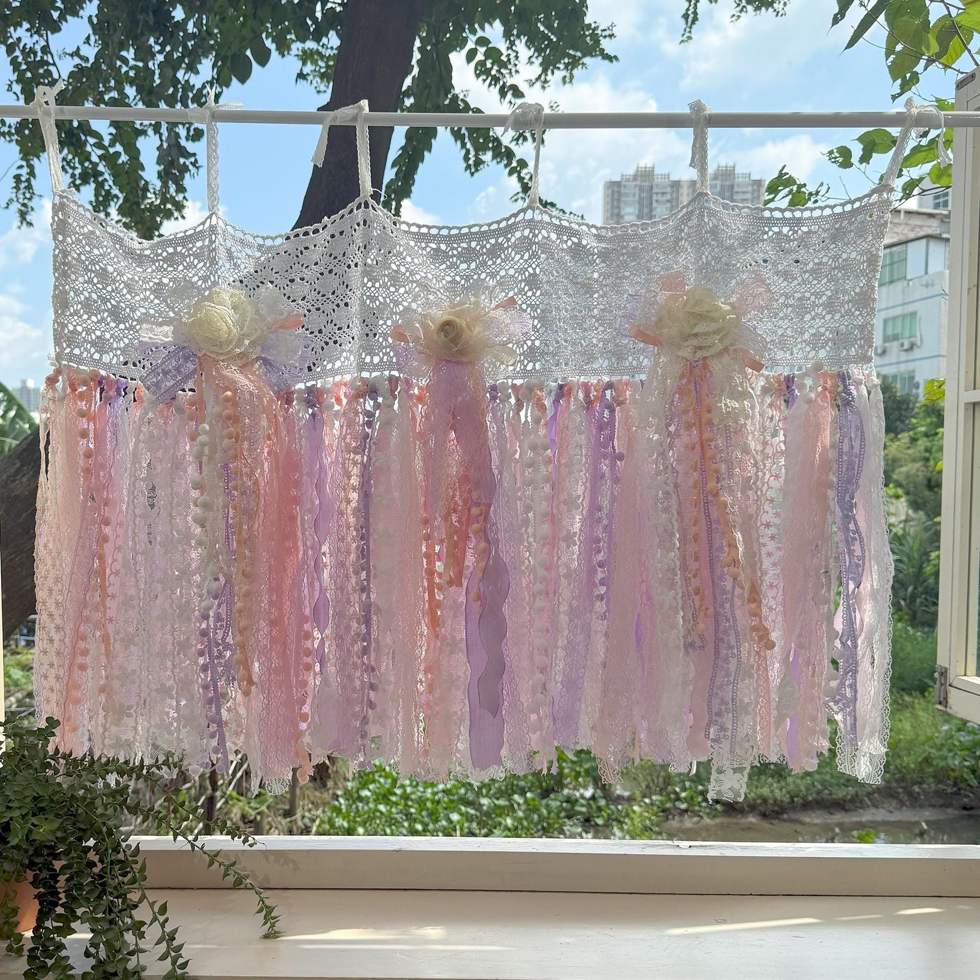 Pink Purple White Lace Valance Cafe Curtain - UDreamHome