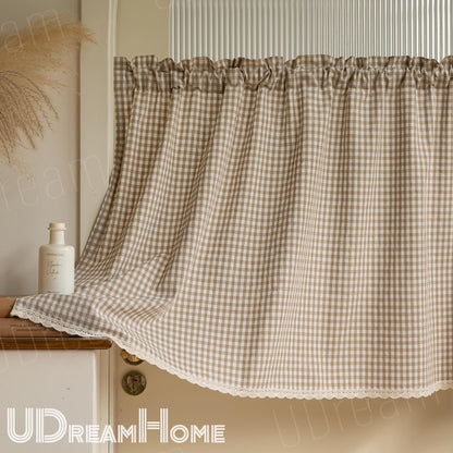 Plaid Light Brown Gingham Cafe Curtains - UDreamHome