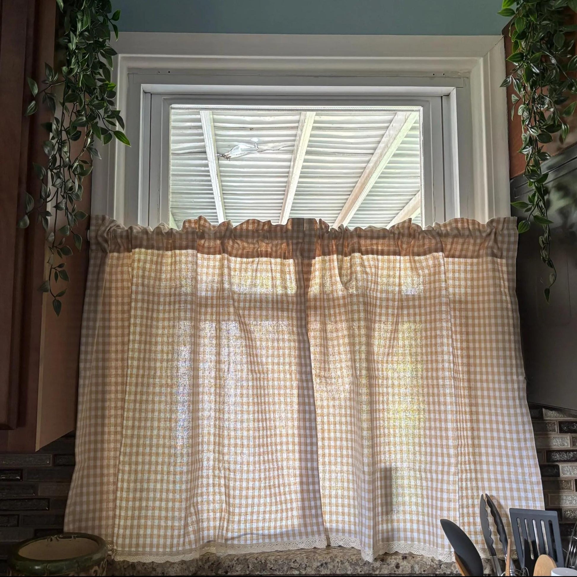 Plaid Light Brown Gingham Cafe Curtains - UDreamHome