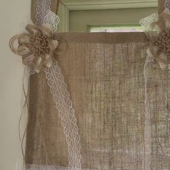 Rustic Cottage Farmhouse Burlap Lace Valance Jute Bows, Shabby Chic Window Curtains Topper, White Ruffled Tab Top Valance, H-22inch (55cm)
