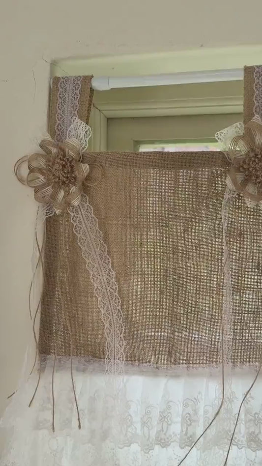 Rustic Cottage Farmhouse Burlap Lace Valance Jute Bows, Shabby Chic Window Curtains Topper, White Ruffled Tab Top Valance, H-22inch (55cm)