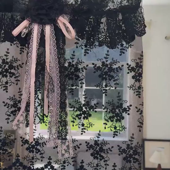 Gothic Boho Ruffled Black Embroidery Lace Window Curtains Valance, Kitchen Curtain, Cafe Curtain, Privacy Curtains, Shabby Chic Valance