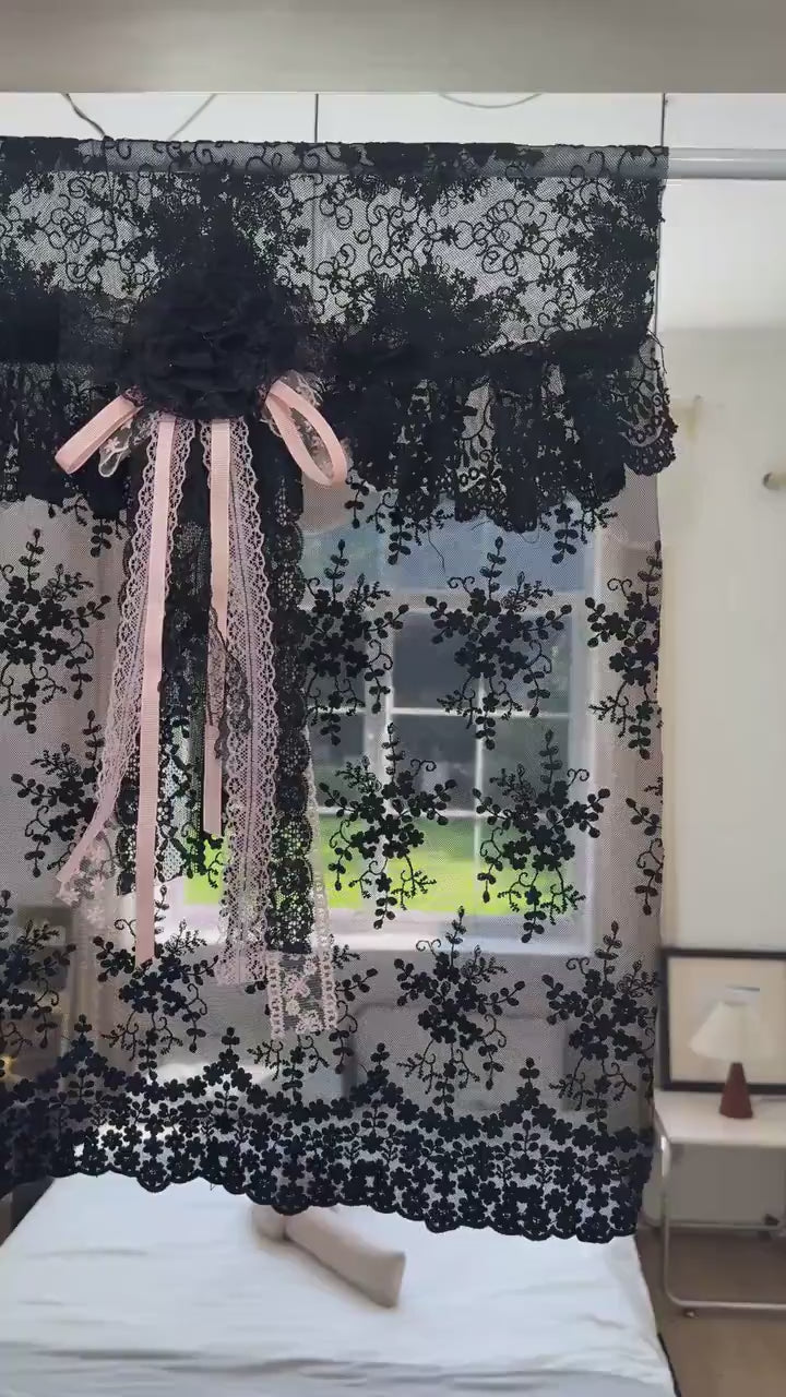 Gothic Boho Ruffled Black Embroidery Lace Window Curtains Valance, Kitchen Curtain, Cafe Curtain, Privacy Curtains, Shabby Chic Valance