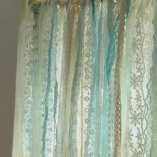 Gradient Sage Blue Green Shabby Chic Window Valance, Crochet Lace Cafe Curtain, Cottagecore Farmhouse Kitchen Half Curtains, H-22inch (56cm)