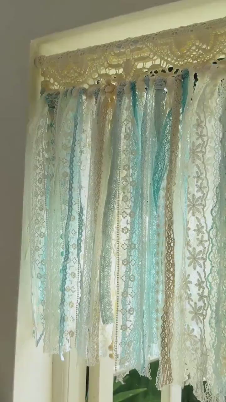 Gradient Sage Blue Green Shabby Chic Window Valance, Crochet Lace Cafe Curtain, Cottagecore Farmhouse Kitchen Half Curtains, H-22inch (56cm)