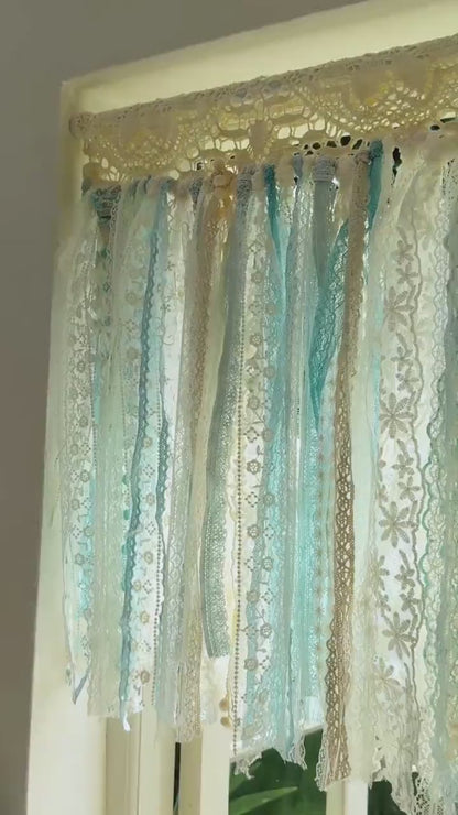 Gradient Sage Blue Green Shabby Chic Window Valance, Crochet Lace Cafe Curtain, Cottagecore Farmhouse Kitchen Half Curtains, H-22inch (56cm)