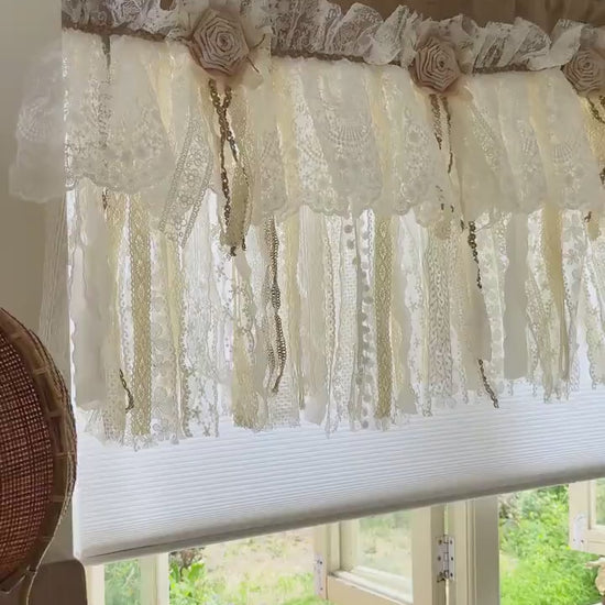 Custom Rustic Unique Burlap Beige ivory Lace Bedroom Window Valance, Burlap Kitchen Swag Curtain, Shabby Chic Cafe Curtains, H-25in(63cm)