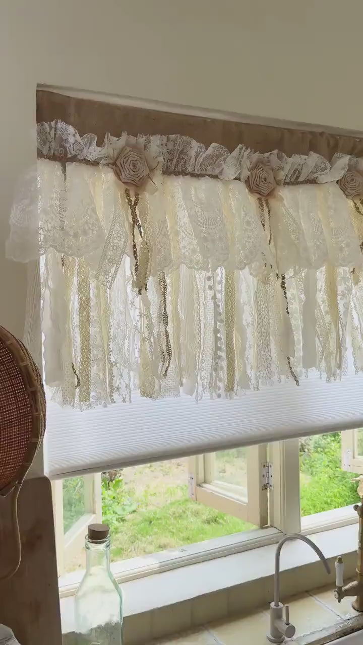 Custom Rustic Unique Burlap Beige ivory Lace Bedroom Window Valance, Burlap Kitchen Swag Curtain, Shabby Chic Cafe Curtains, H-25in(63cm)
