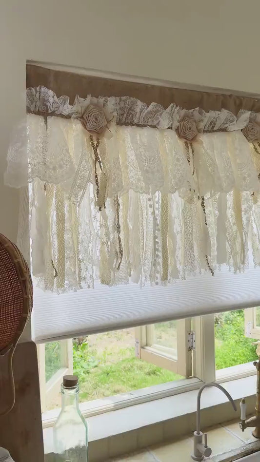 Custom Rustic Unique Burlap Beige ivory Lace Bedroom Window Valance, Burlap Kitchen Swag Curtain, Shabby Chic Cafe Curtains, H-25in(63cm)