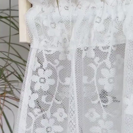 Cafe Curtains, Girls French Romantic White Flower Garden Vines Jacquard Hollow Lace Sheer Curtains, Farmhouse Valance Lace Floral Curtains
