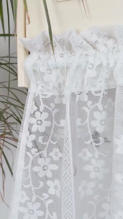 Cafe Curtains, Girls French Romantic White Flower Garden Vines Jacquard Hollow Lace Sheer Curtains, Farmhouse Valance Lace Floral Curtains