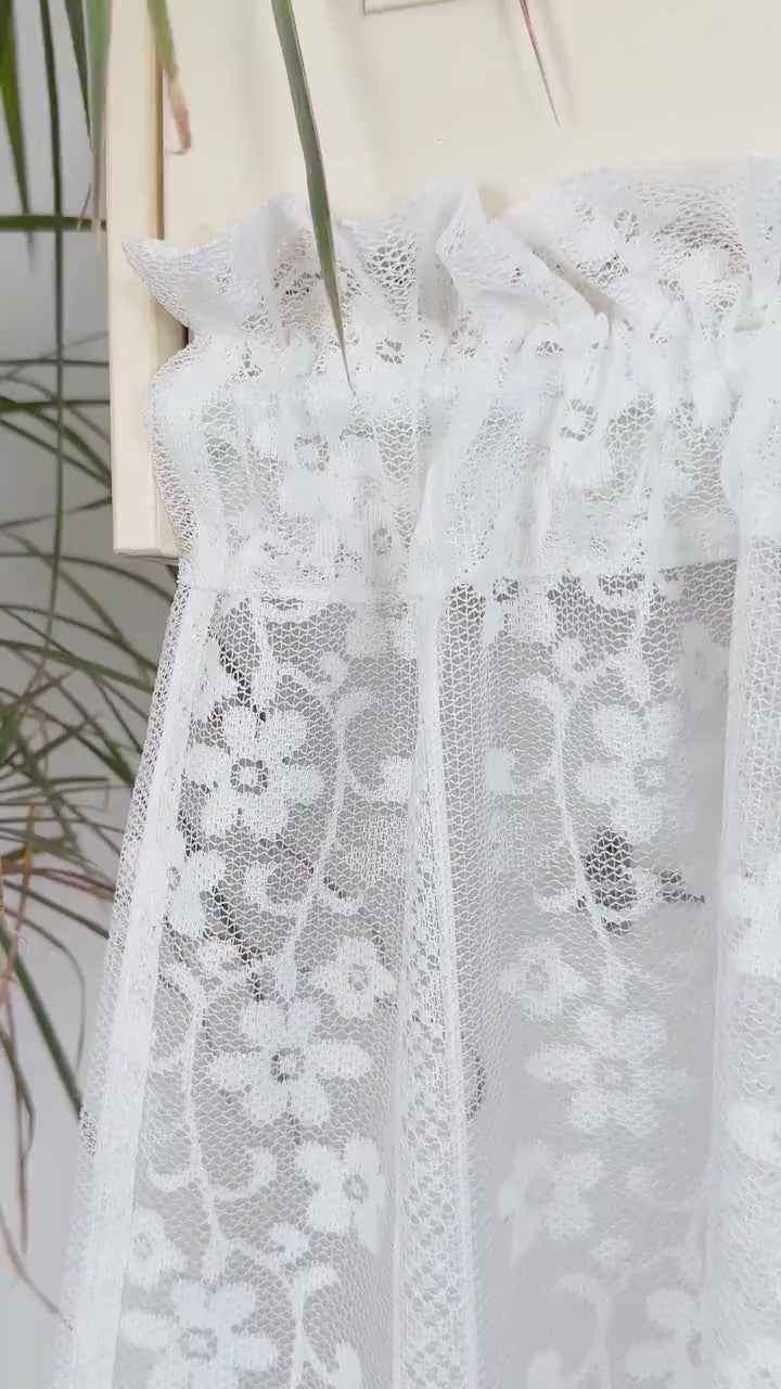 Cafe Curtains, Girls French Romantic White Flower Garden Vines Jacquard Hollow Lace Sheer Curtains, Farmhouse Valance Lace Floral Curtains