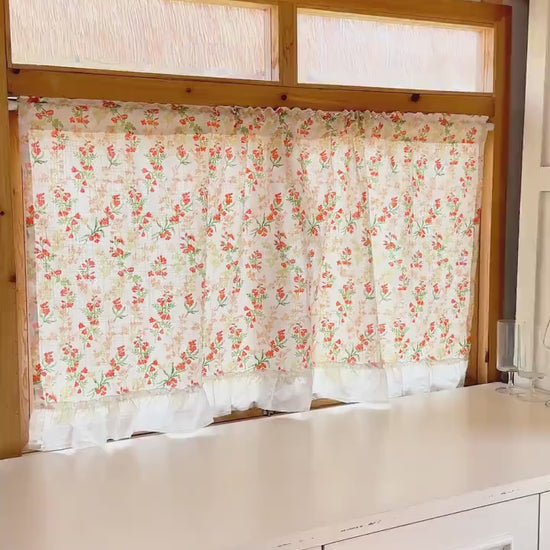 Linen Cafe Curtain, Countryside Orange Wild Flowers Green Leaves Short Curtain with Ruffle Edges, Printed Curtain, Farmhouse Kitchen Curtain