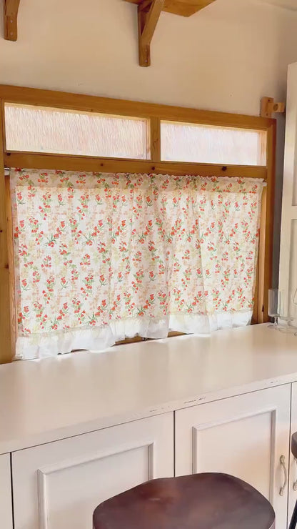 Linen Cafe Curtain, Countryside Orange Wild Flowers Green Leaves Short Curtain with Ruffle Edges, Printed Curtain, Farmhouse Kitchen Curtain