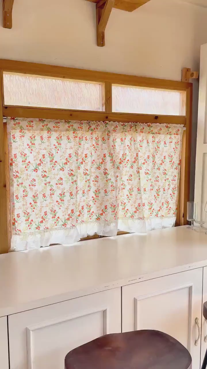 Linen Cafe Curtain, Countryside Orange Wild Flowers Green Leaves Short Curtain with Ruffle Edges, Printed Curtain, Farmhouse Kitchen Curtain