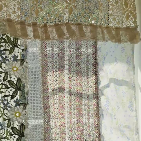 Romantic Green Embroidery Floral Vintage Patchwork Lace Curtain Valance, Flowers Backdrop Decor, Farmhouse Kitchen Curtain, Cafe Curtains