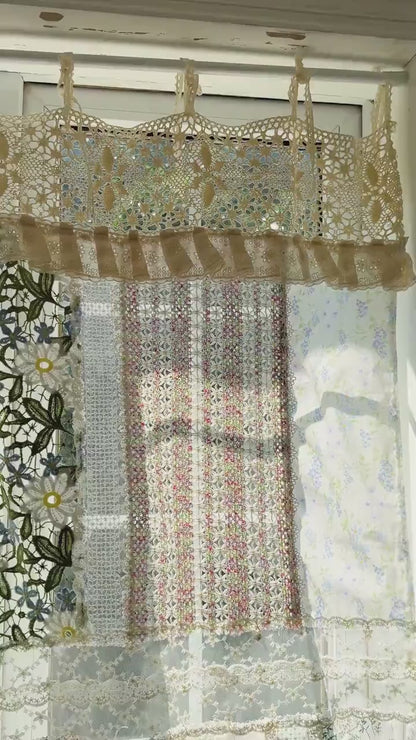 Romantic Green Embroidery Floral Vintage Patchwork Lace Curtain Valance, Flowers Backdrop Decor, Farmhouse Kitchen Curtain, Cafe Curtains