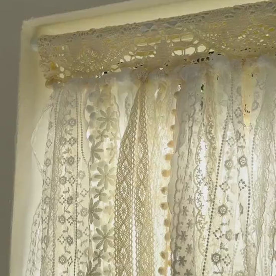Rustic Shabby Chic Boho Curtains Valance, Beige White Crochet Lace Cafe Curtain, Cottagecore Farmhouse Kitchen Half Curtain, H-22inch (56cm)