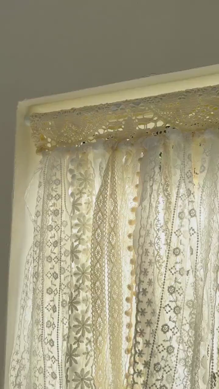 Rustic Shabby Chic Boho Curtains Valance, Beige White Crochet Lace Cafe Curtain, Cottagecore Farmhouse Kitchen Half Curtain, H-22inch (56cm)
