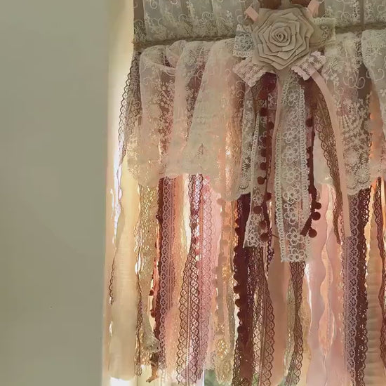 Rustic Unique Burlap Beige Brown Pink Lace Window Valance, New Farmhouse Country Kitchen Curtains, Shabby Chic Cafe Curtain, H-25inch (63cm)