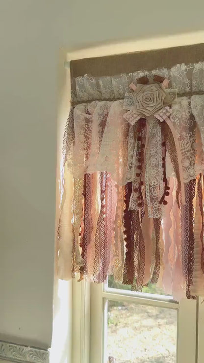 Rustic Unique Burlap Beige Brown Pink Lace Window Valance, New Farmhouse Country Kitchen Curtains, Shabby Chic Cafe Curtain, H-25inch (63cm)