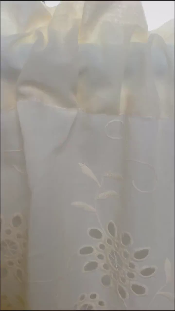 Vintage French Embroidery Cafe Curtain: Beige Floral Lace, Farmhouse Style