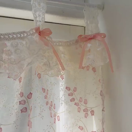Custom Pink Embroidered Flowers Cafe Curtains, Shabby Chic French Country Style Decor with Ruffled Lace Tab Top Valance, H-25inch (65cm)