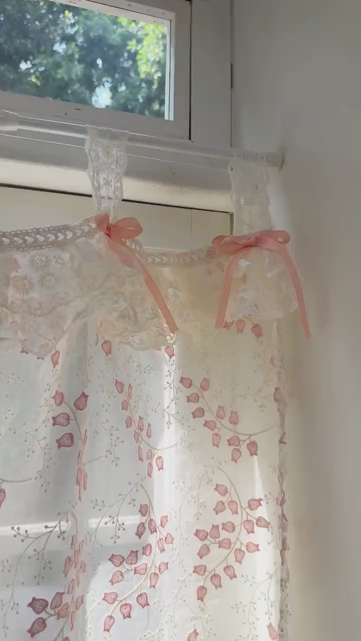 Custom Pink Embroidered Flowers Cafe Curtains, Shabby Chic French Country Style Decor with Ruffled Lace Tab Top Valance, H-25inch (65cm)