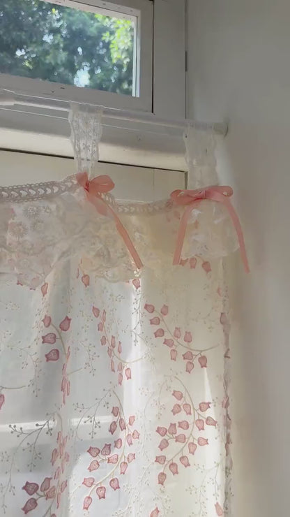 Custom Pink Embroidered Flowers Cafe Curtains, Shabby Chic French Country Style Decor with Ruffled Lace Tab Top Valance, H-25inch (65cm)