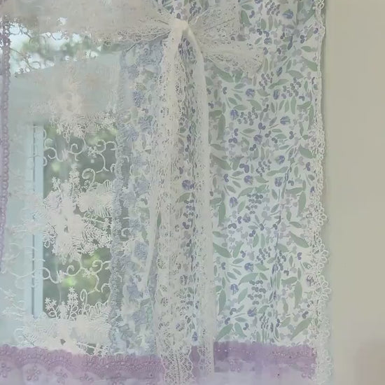 Handmade Blue & Purple Patchwork Lace Curtain Valance,Elegant French Country Cottage Embroidery Flowers Fabric,Kitchen Curtain,H-25in (65cm)