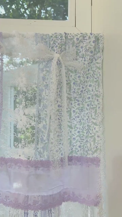 Handmade Blue & Purple Patchwork Lace Curtain Valance,Elegant French Country Cottage Embroidery Flowers Fabric,Kitchen Curtain,H-25in (65cm)