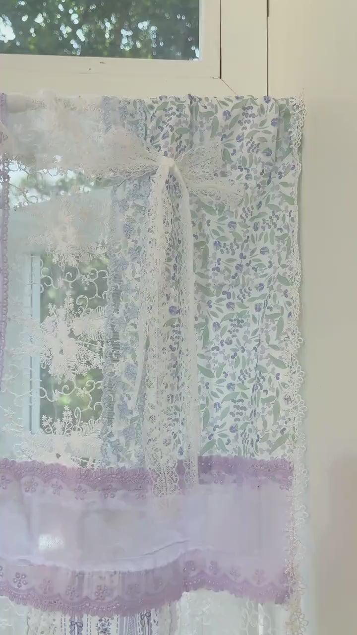 Handmade Blue & Purple Patchwork Lace Curtain Valance,Elegant French Country Cottage Embroidery Flowers Fabric,Kitchen Curtain,H-25in (65cm)