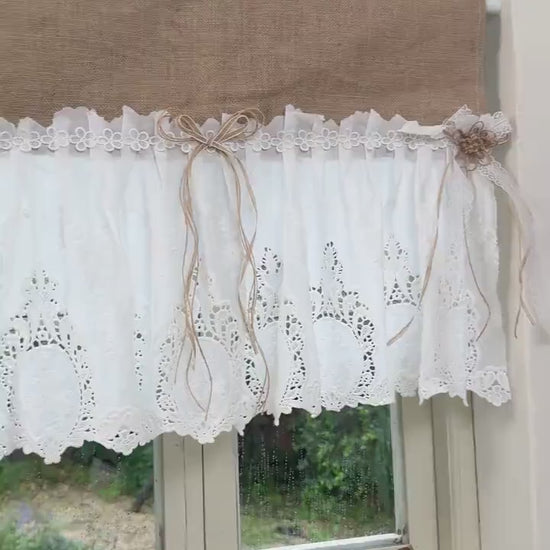 Vintage Rustic Cottage Window Curtains, Burlap Shabby White Lace Farmhouse Kitchen Valance, Cafe Curtain,  Window Treatment, H-20inch (50cm)